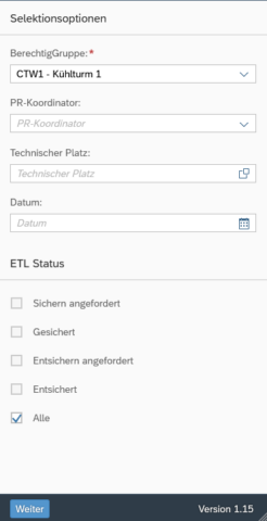 clavis Fiori App Instandhaltung – Absicherung von Anlagen - Selektionsbildschirm