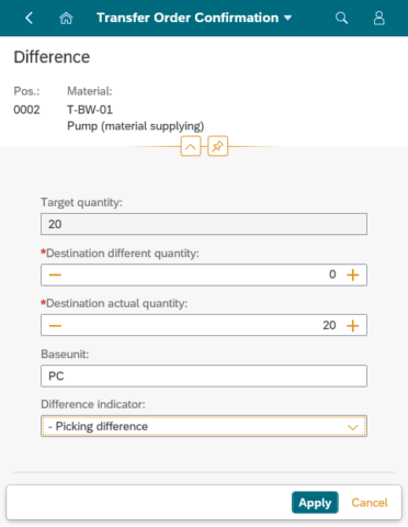 clavis Fiori WM App – TO confirmation with reference to the storage unit - Tablet View