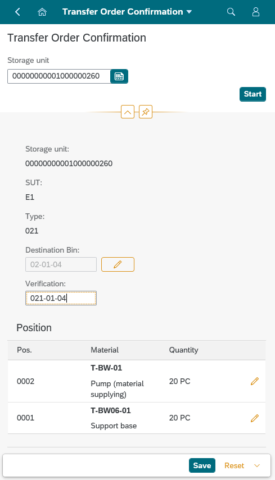 clavis Fiori WM App – TO confirmation with reference to the storage unit - Smartphone View