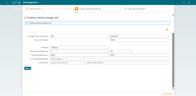 clavis Fiori WM App – Ad-hoc bin-to-bin transfer - Deskop View